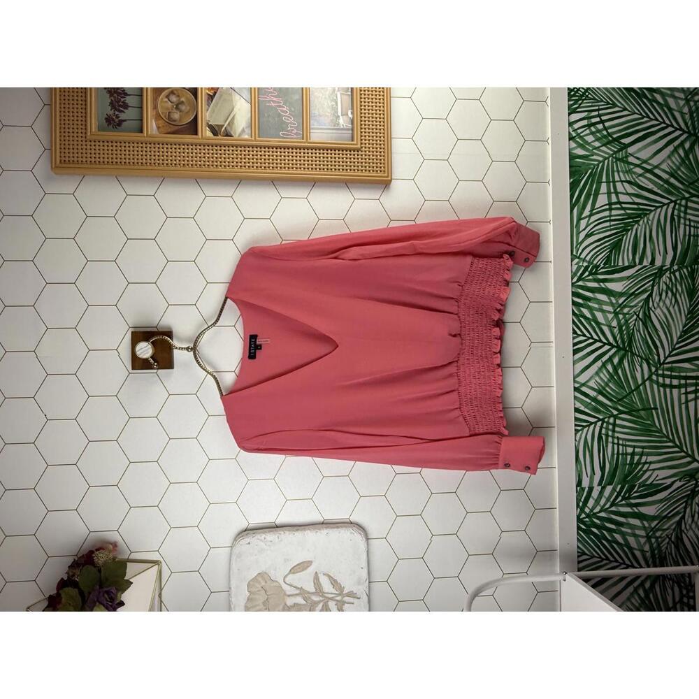 1.STATE Pink Smocked Waist V-Neck Long Sleeve Blouse - Size - Small